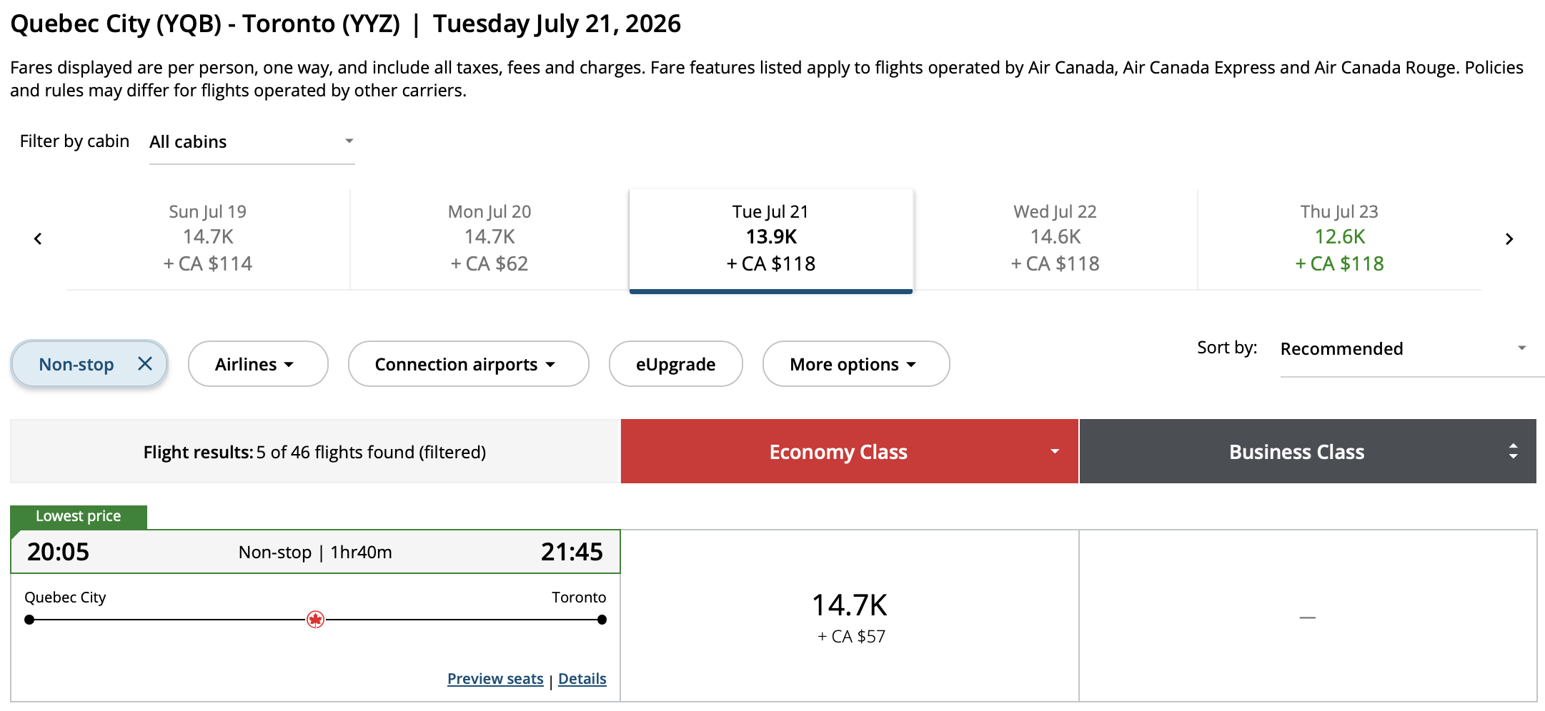 Toronto to Qu&eacute;bec City Aeroplan – Inbound availability