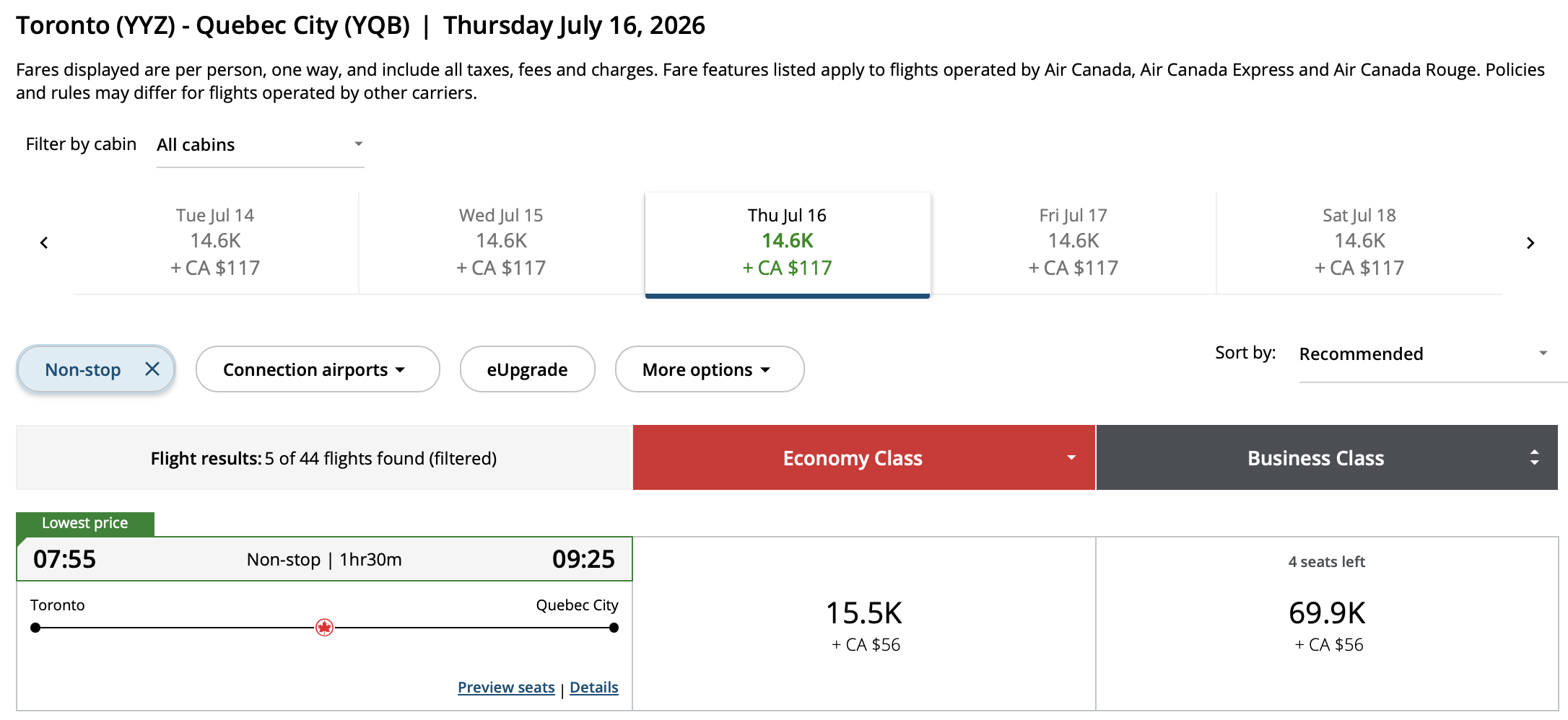 Toronto to Qu&eacute;bec City Aeroplan – Outbound availability