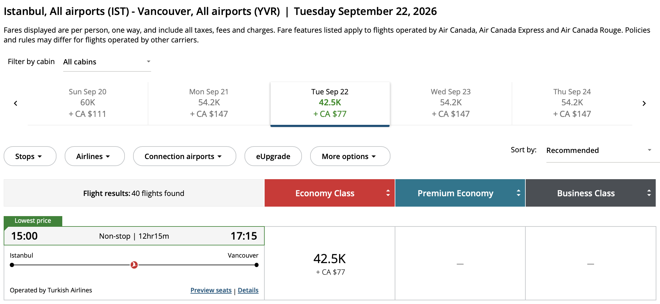 Vancouver to Istanbul Aeroplan – Inbound availability