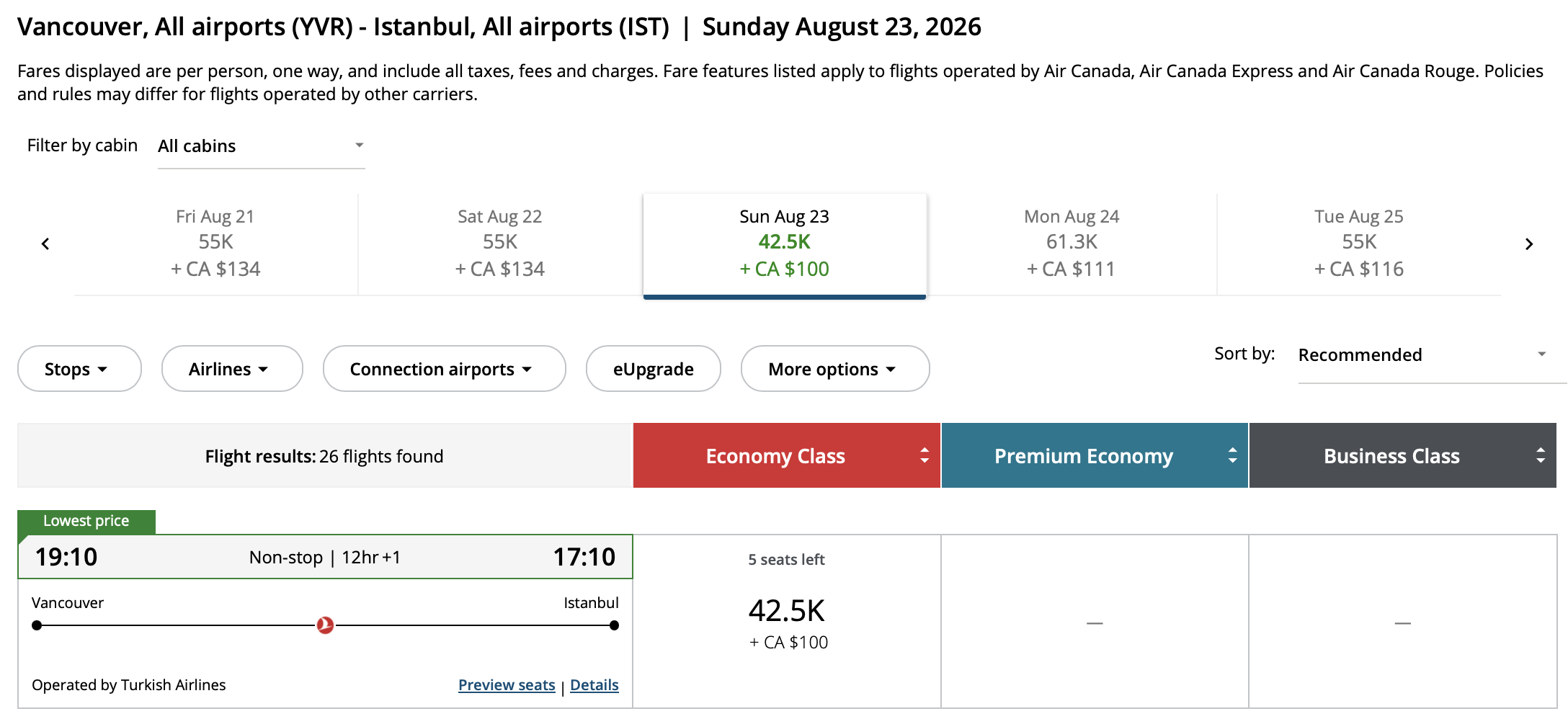 Vancouver to Istanbul Aeroplan – Outbound availability