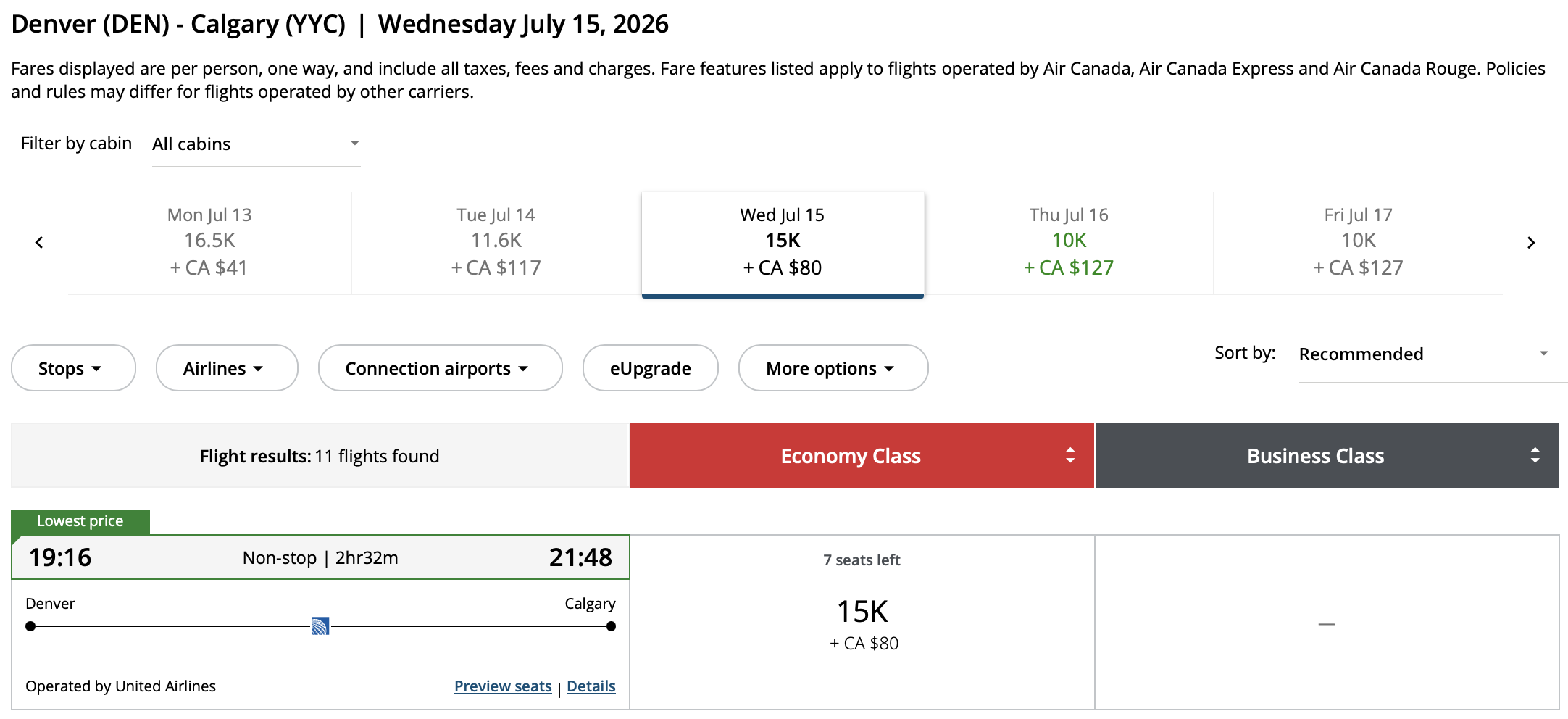 Calgary to Denver Aeroplan – Inbound availability