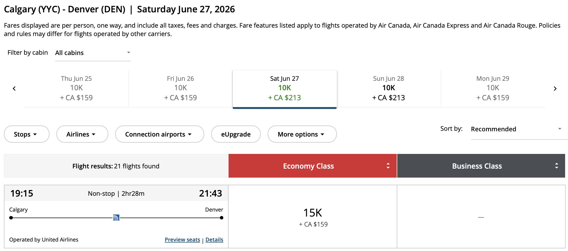Calgary to Denver Aeroplan – Outbound availability