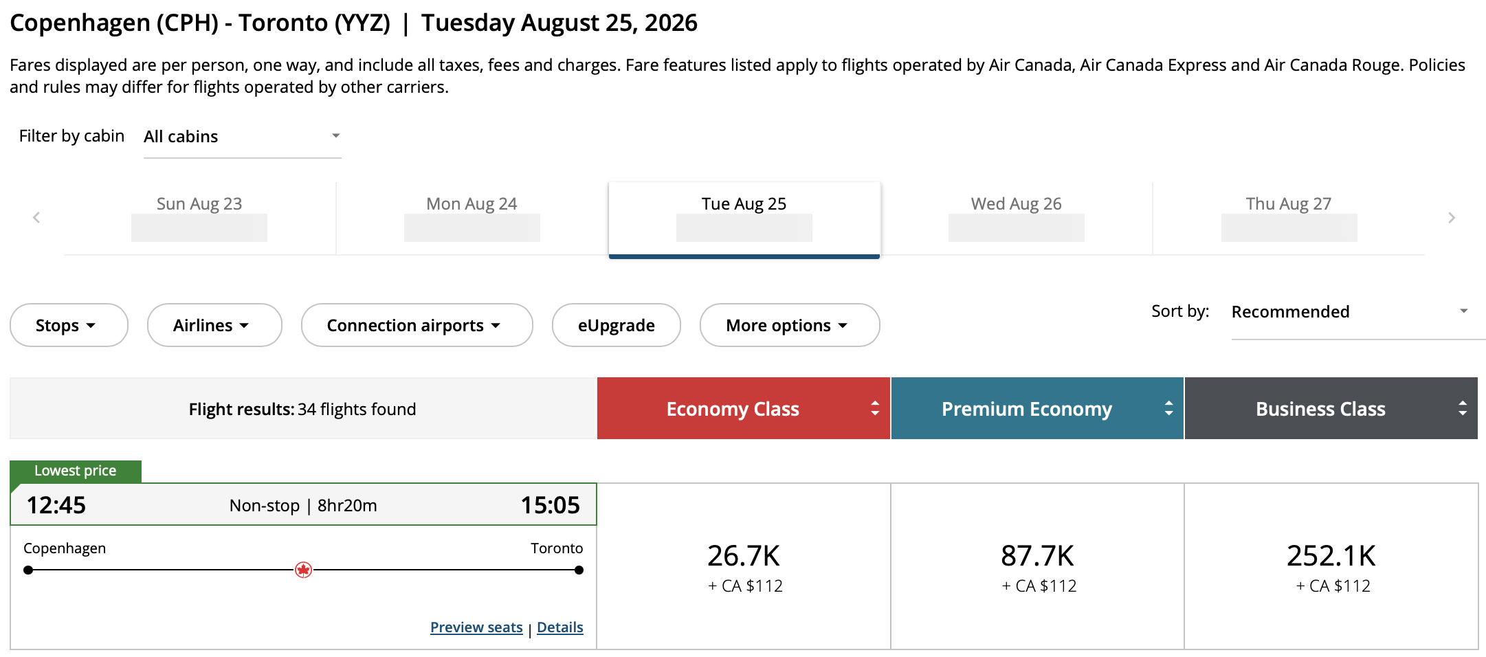 Toronto to Copenhagen Aeroplan – Inbound availability
