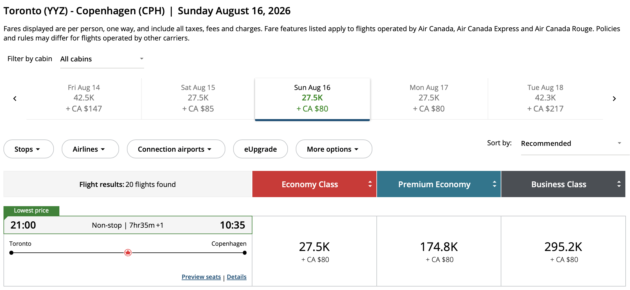 Toronto to Copenhagen Aeroplan – Outbound availability
