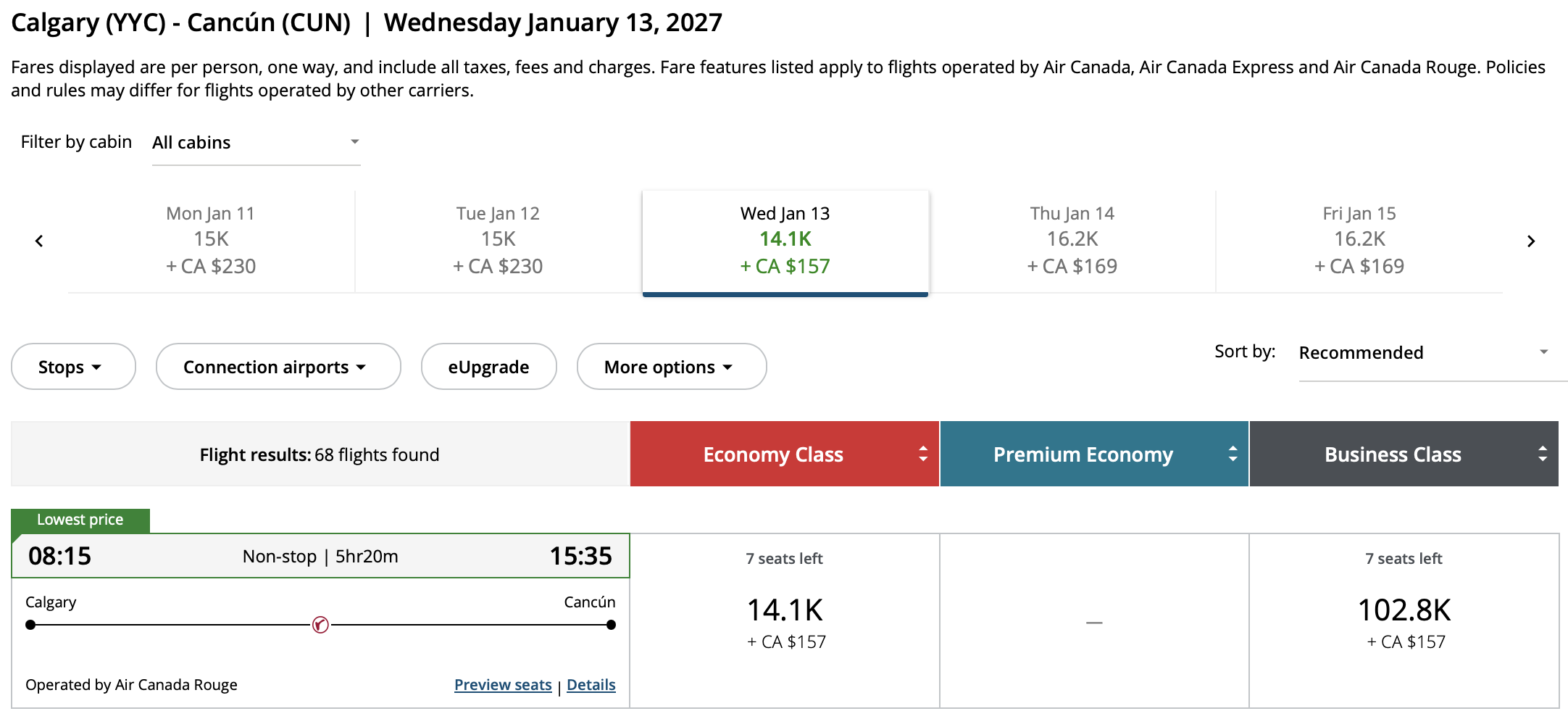 Calgary to Cancún Aeroplan – Outbound availability