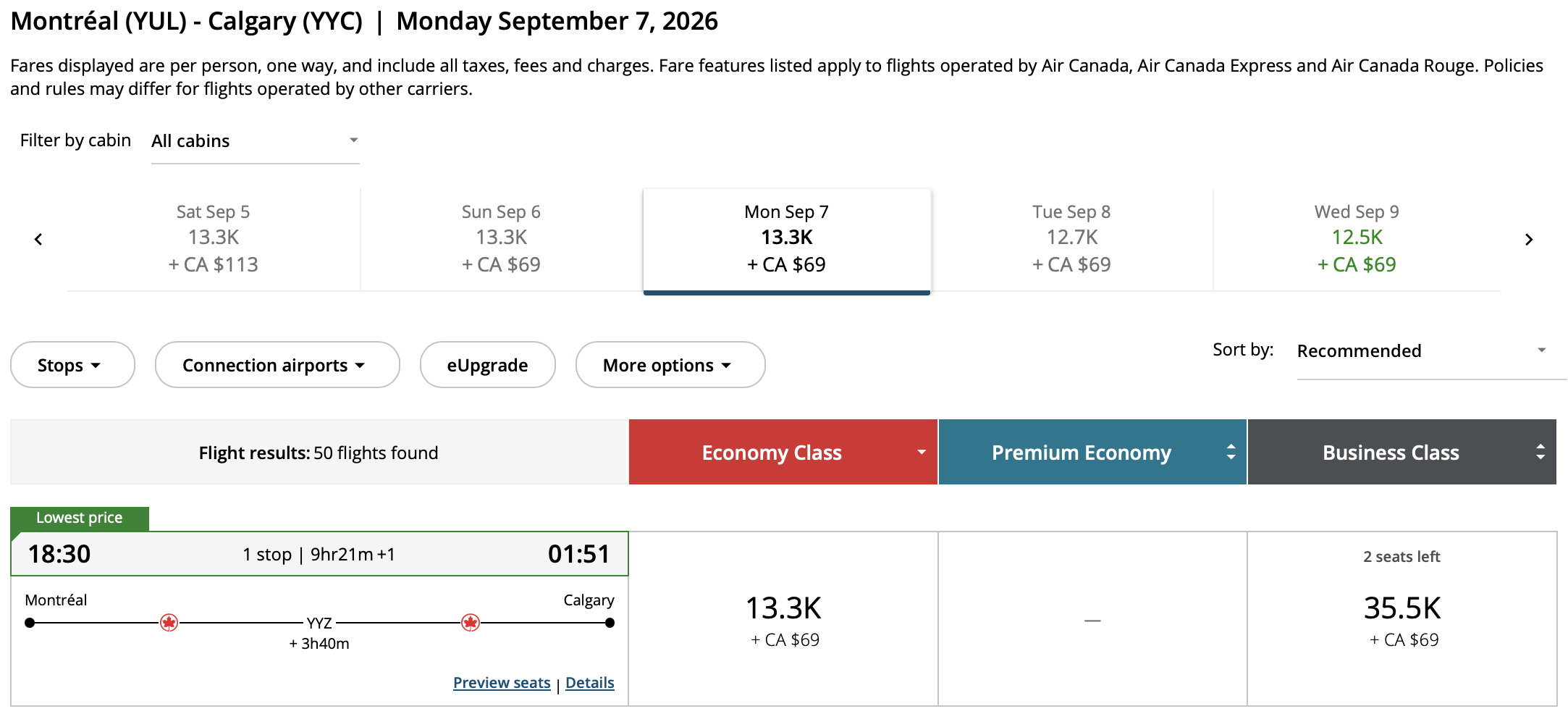 Calgary to Montréal Aeroplan – Inbound availability