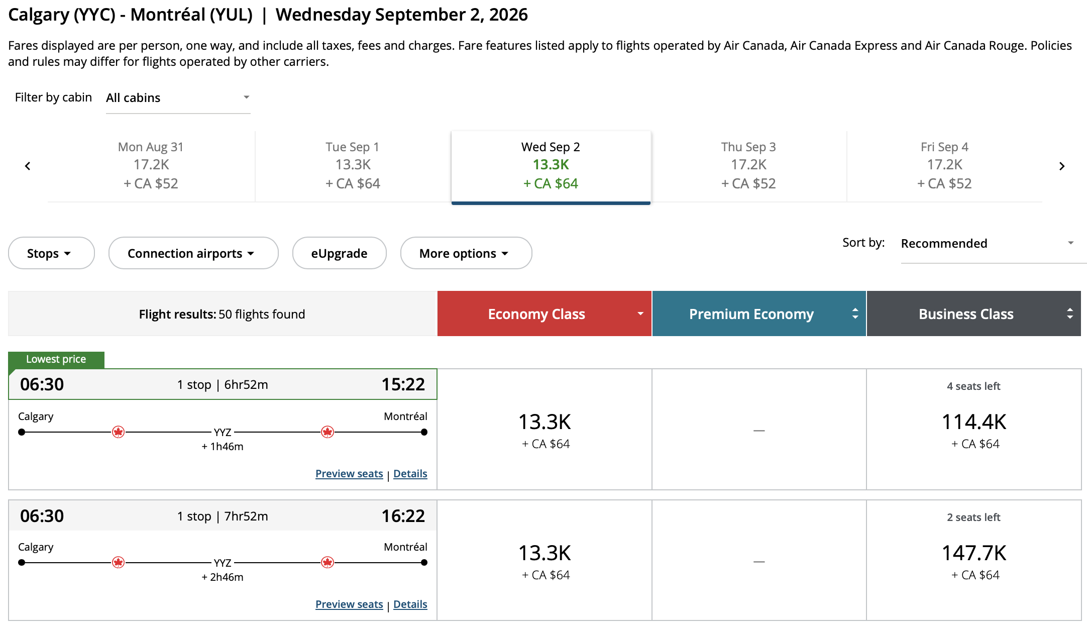 Calgary to Montréal Aeroplan – Outbound availability