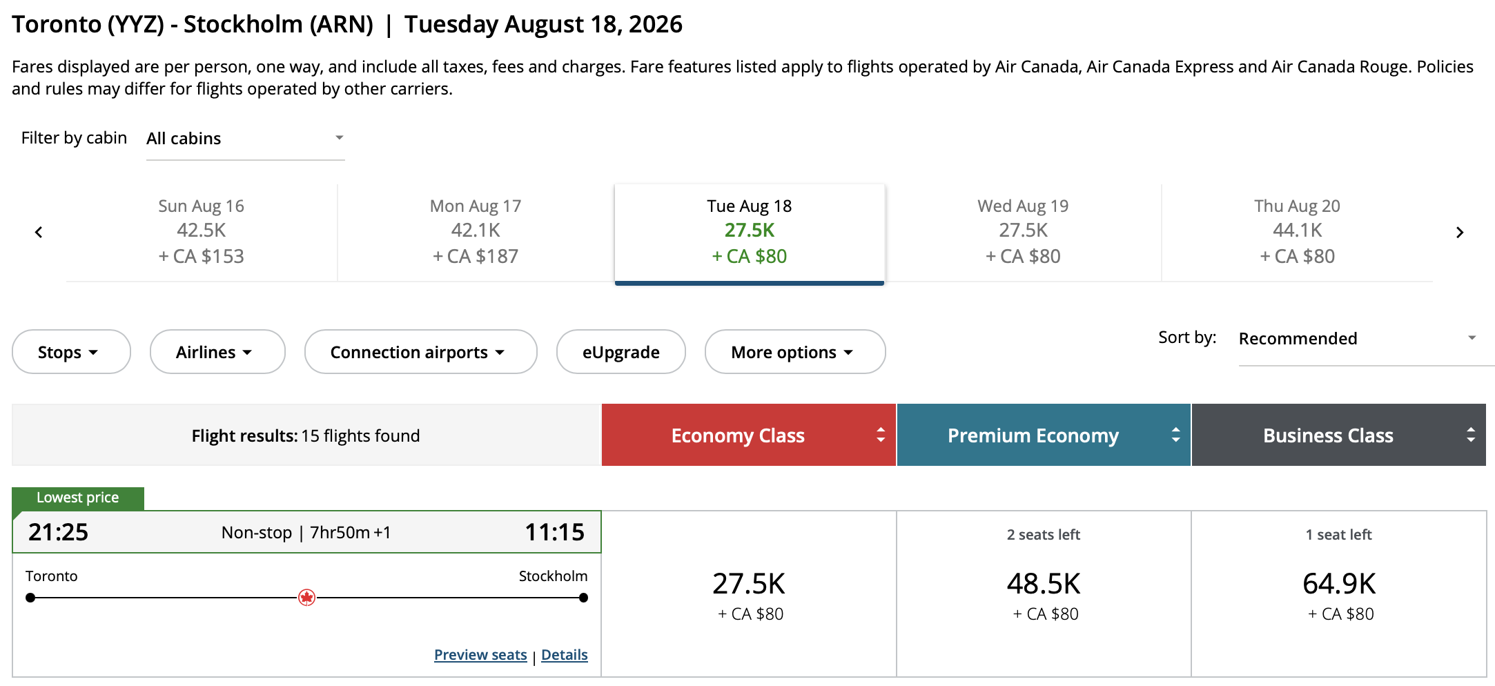 Toronto to Stockholm Aeroplan – Outbound availability