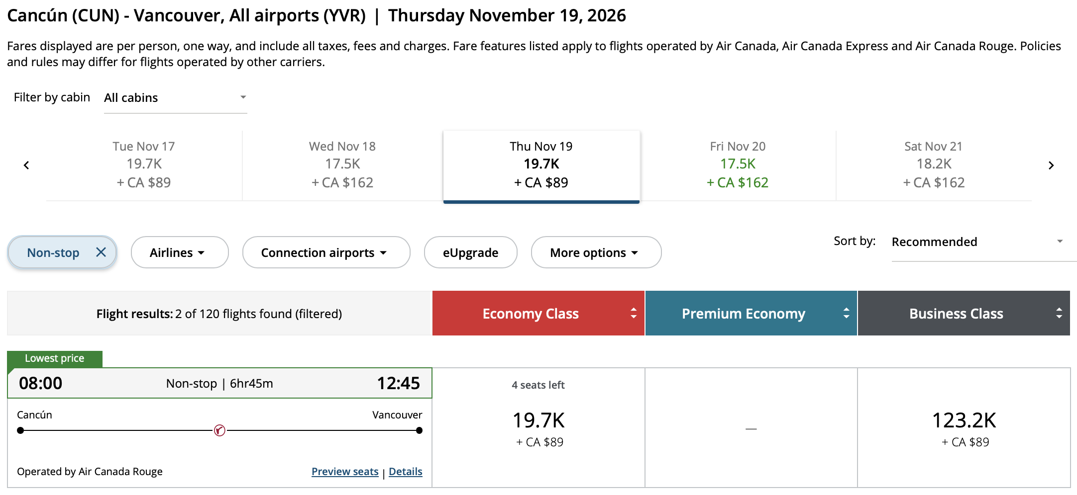 Vancouver to Cancún Aeroplan – Inbound availability