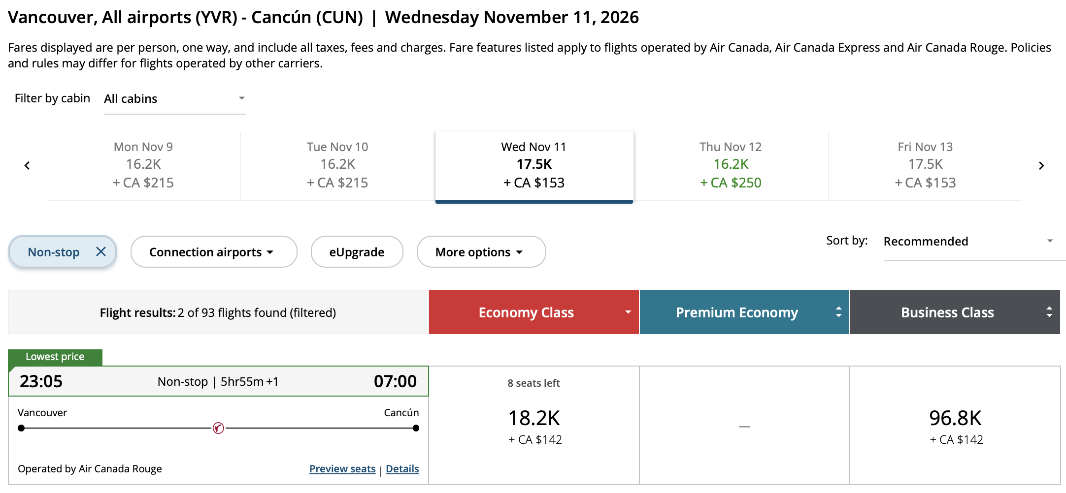 Vancouver to Cancún Aeroplan – Outbound availability
