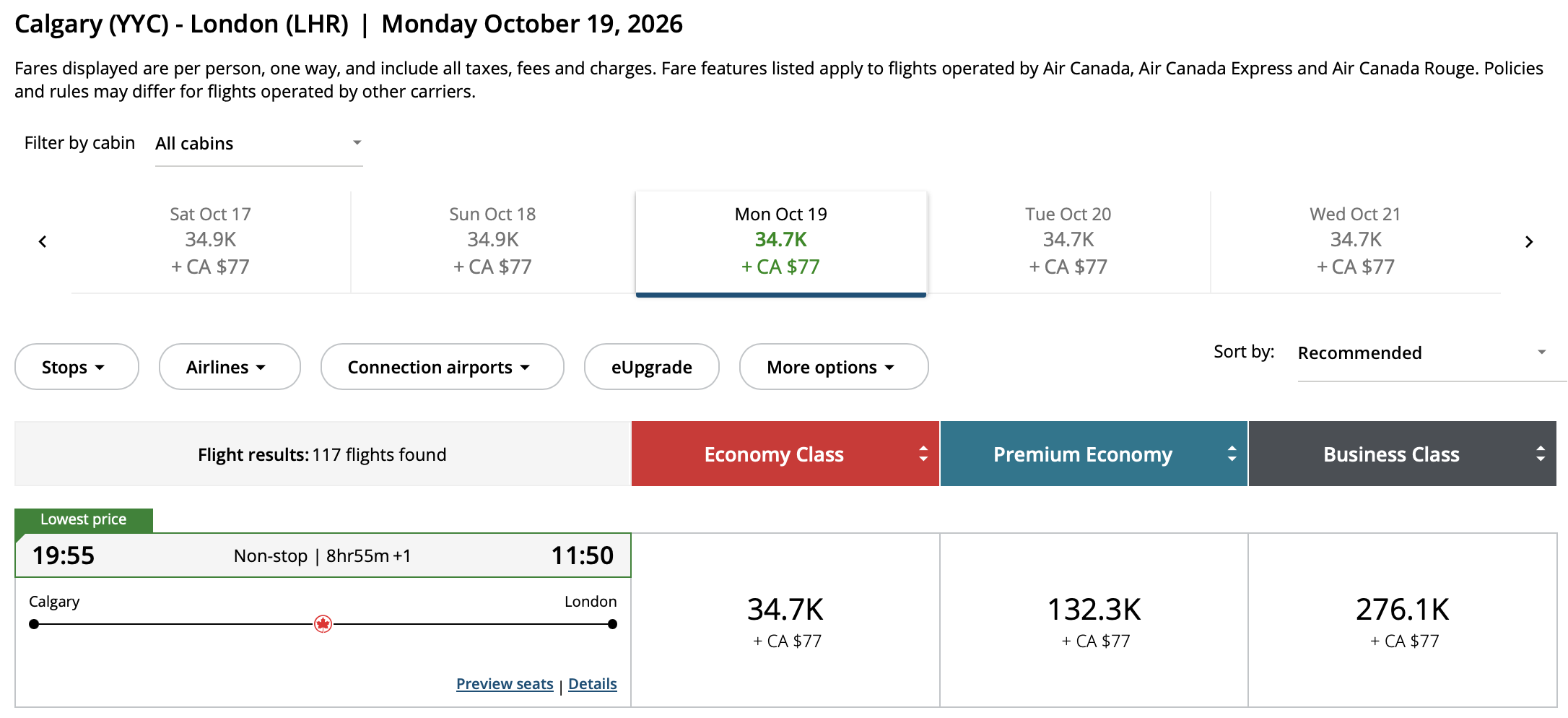 Calgary to London Aeroplan – Outbound availability