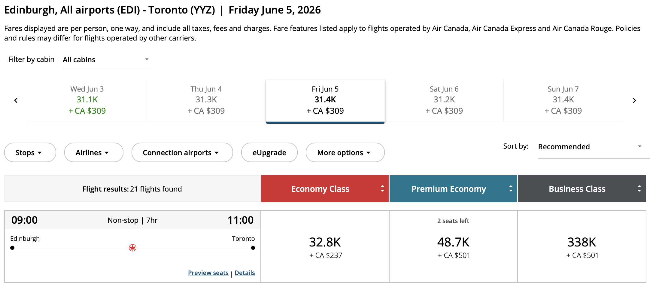 Toronto to Edinburgh Aeroplan – Inbound availability