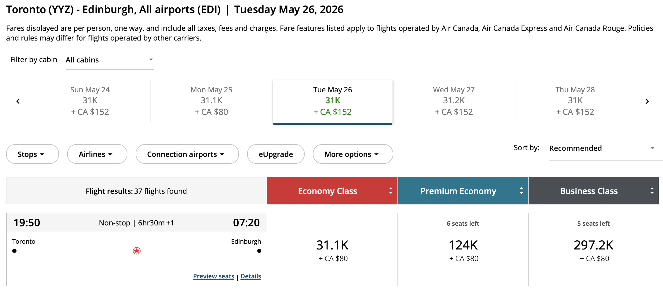 Toronto to Edinburgh Aeroplan – Outbound availability