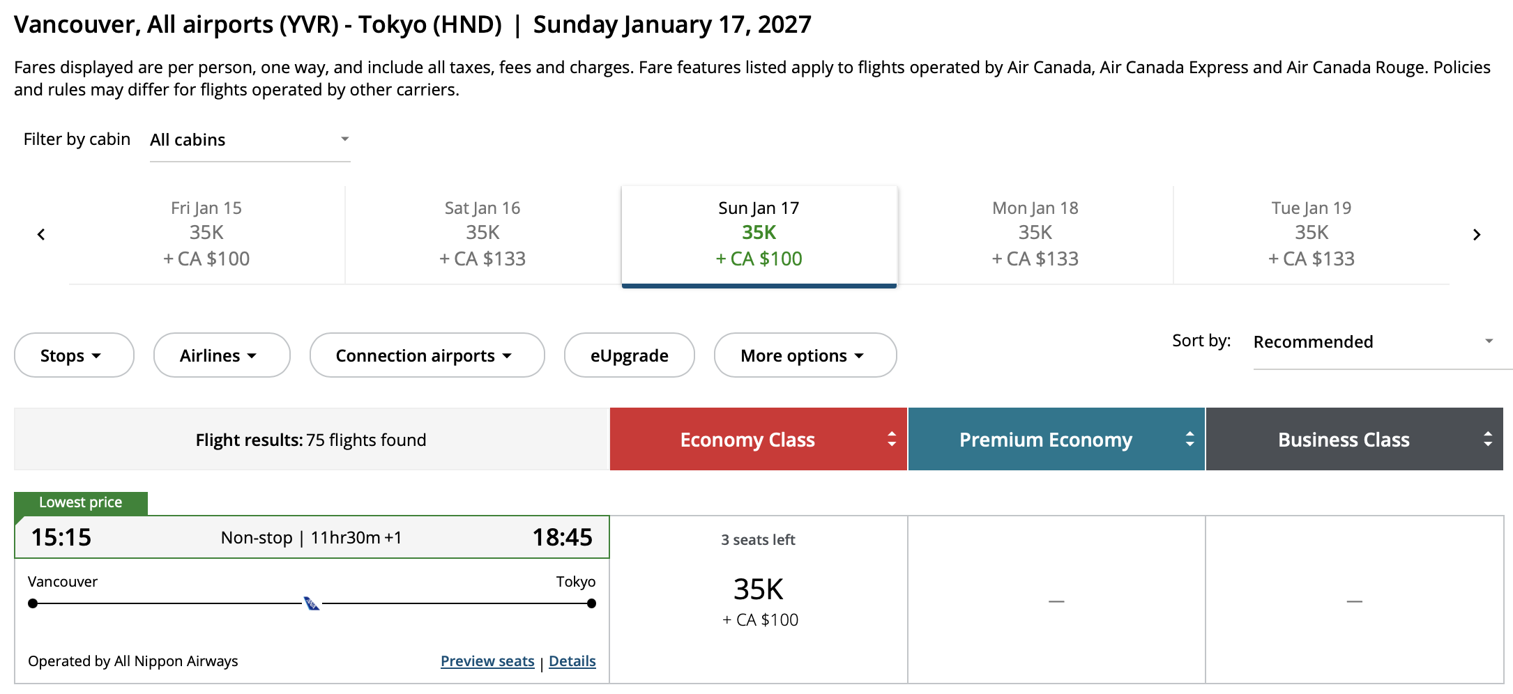 Vancouver to Tokyo Aeroplan – Outbound availability