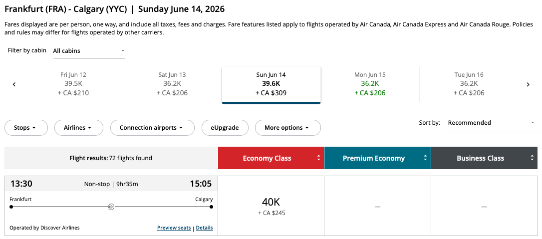 Calgary to Frankfurt Aeroplan – Inbound availability