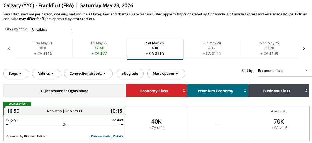 Calgary to Frankfurt Aeroplan – Outbound availability
