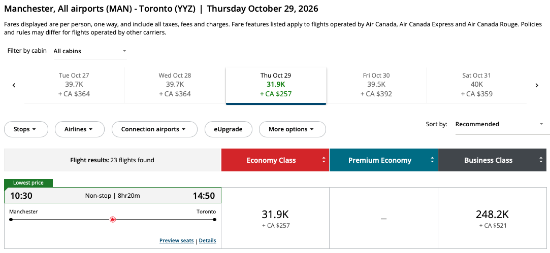 Toronto to Manchester Aeroplan – Inbound availability