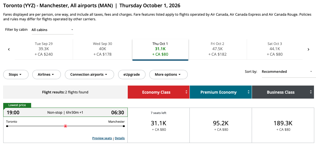 Toronto to Manchester Aeroplan – Outbound availability