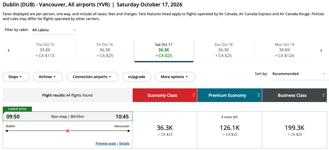Vancouver to Dublin Aeroplan – Inbound availability