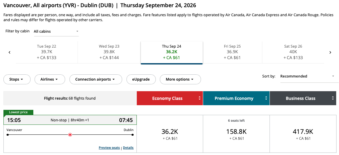 Vancouver to Dublin Aeroplan – Outbound availability
