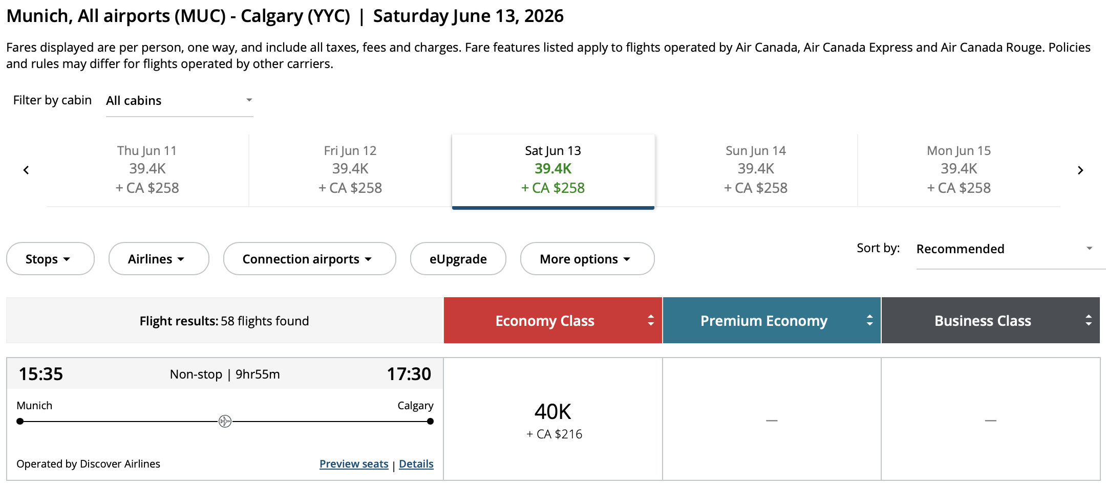 Calgary to Munich Aeroplan – Inbound availability