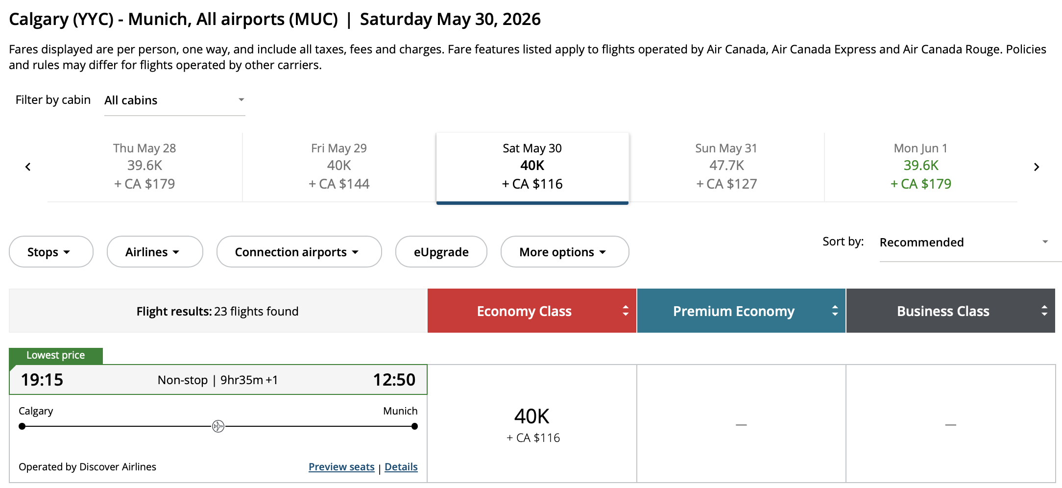 Calgary to Munich Aeroplan – Outbound availability