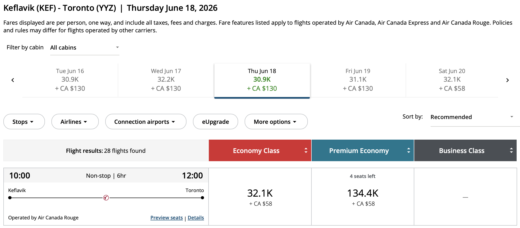 Toronto to Reykjavík Aeroplan – Inbound availability