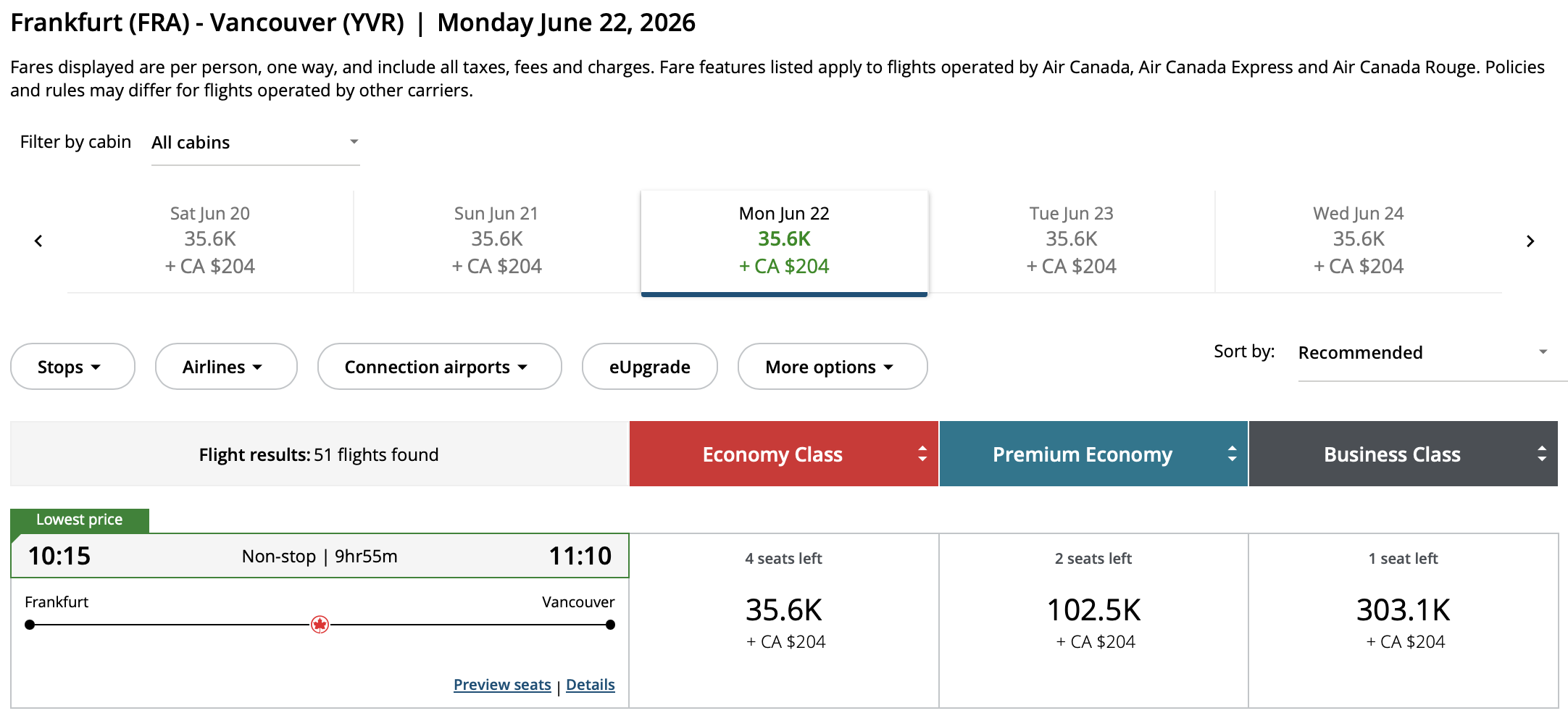 Vancouver to Frankfurt Aeroplan – Inbound availability