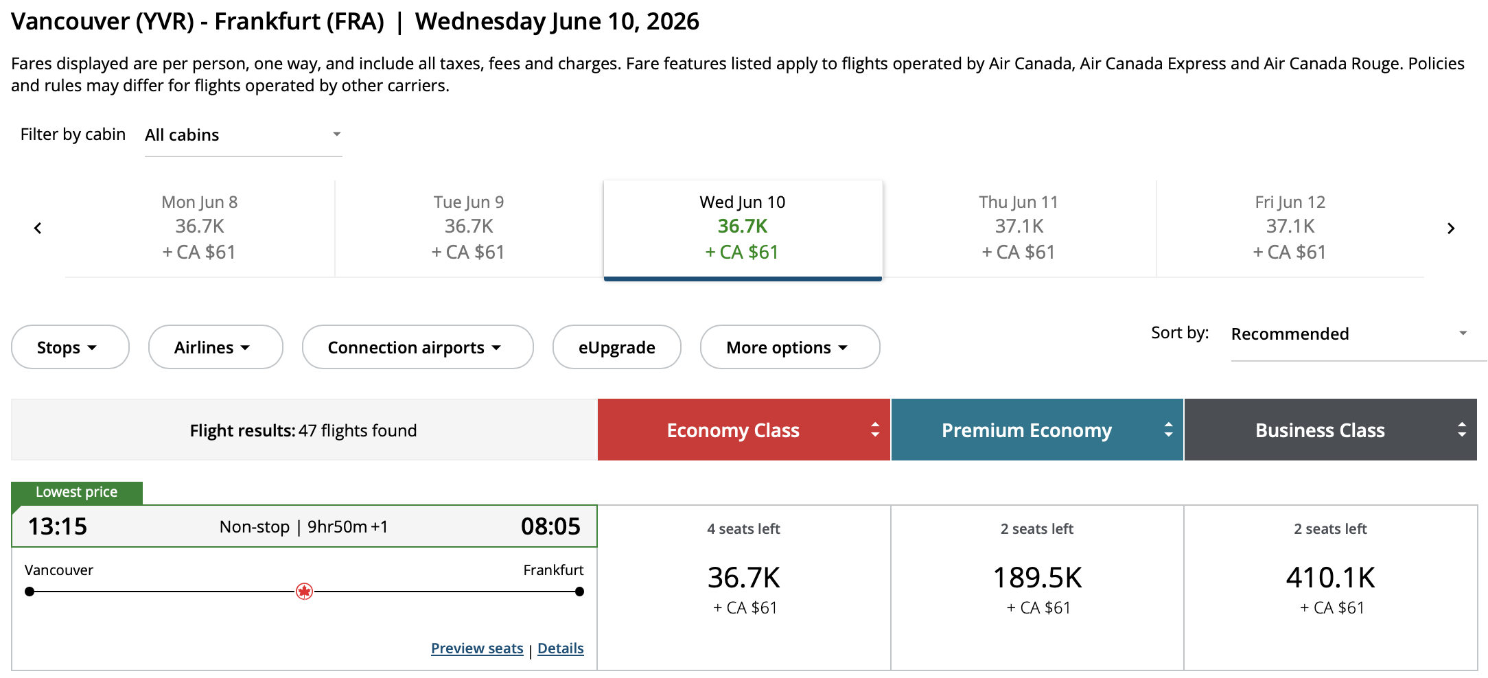 Vancouver to Frankfurt Aeroplan – Outbound availability