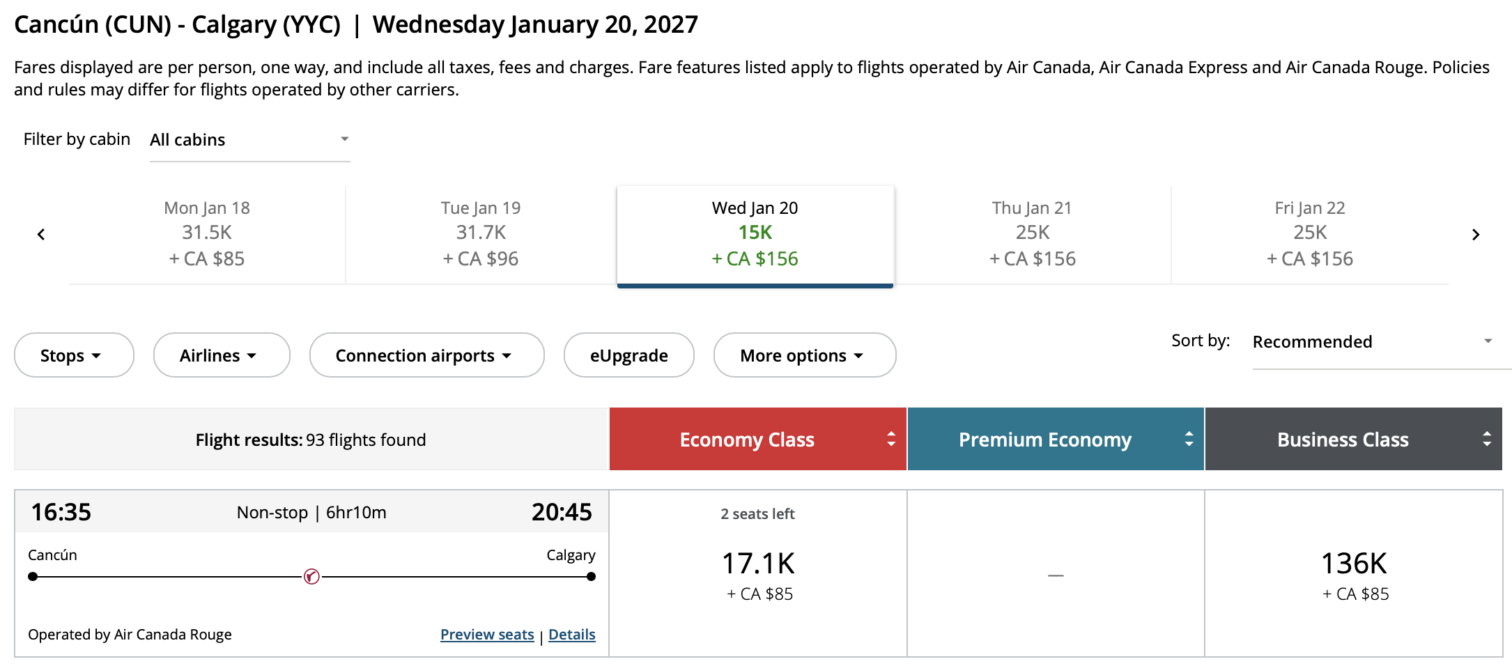 Calgary to Cancún Aeroplan – Inbound availability