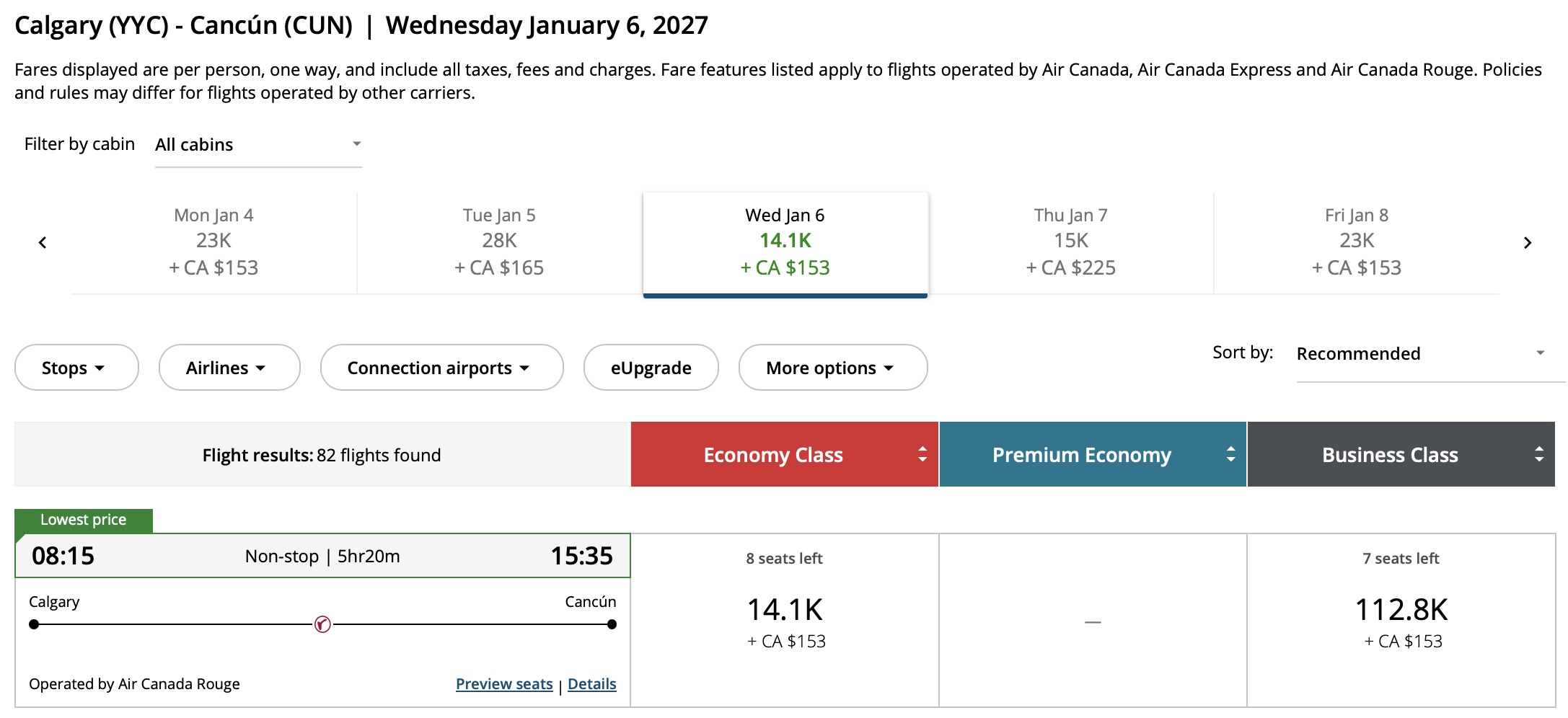 Calgary to Cancún Aeroplan – Outbound availability