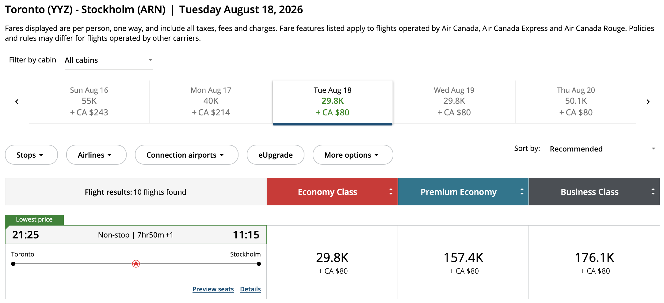 Toronto to Stockholm Aeroplan – Outbound availability