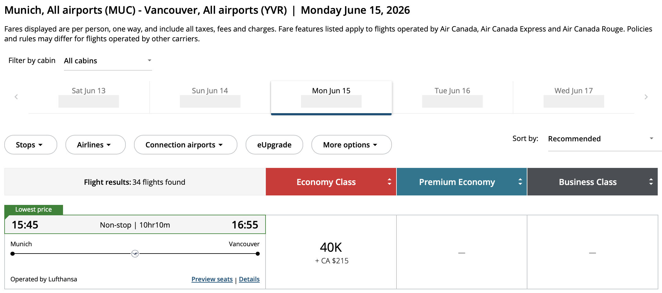 Vancouver to Munich Aeroplan – Inbound availability