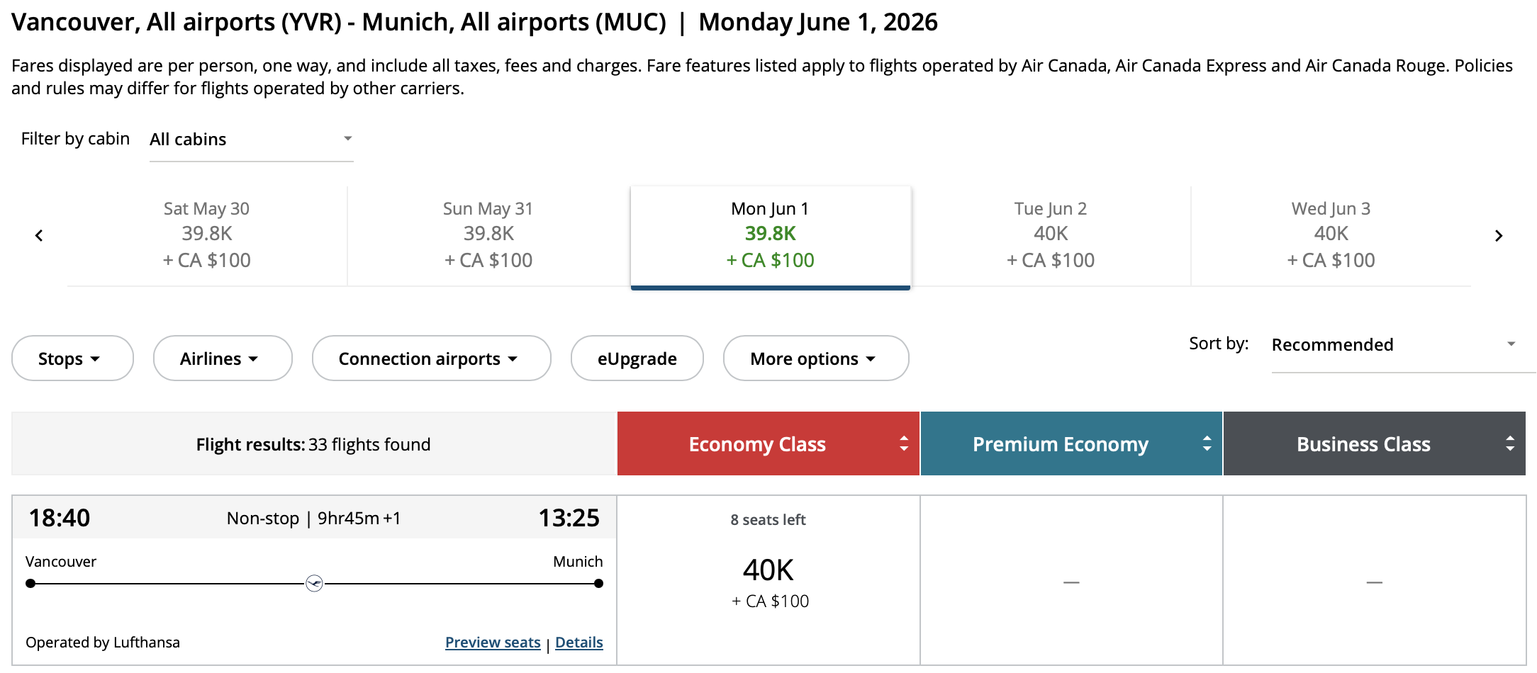 Vancouver to Munich Aeroplan – Outbound availability
