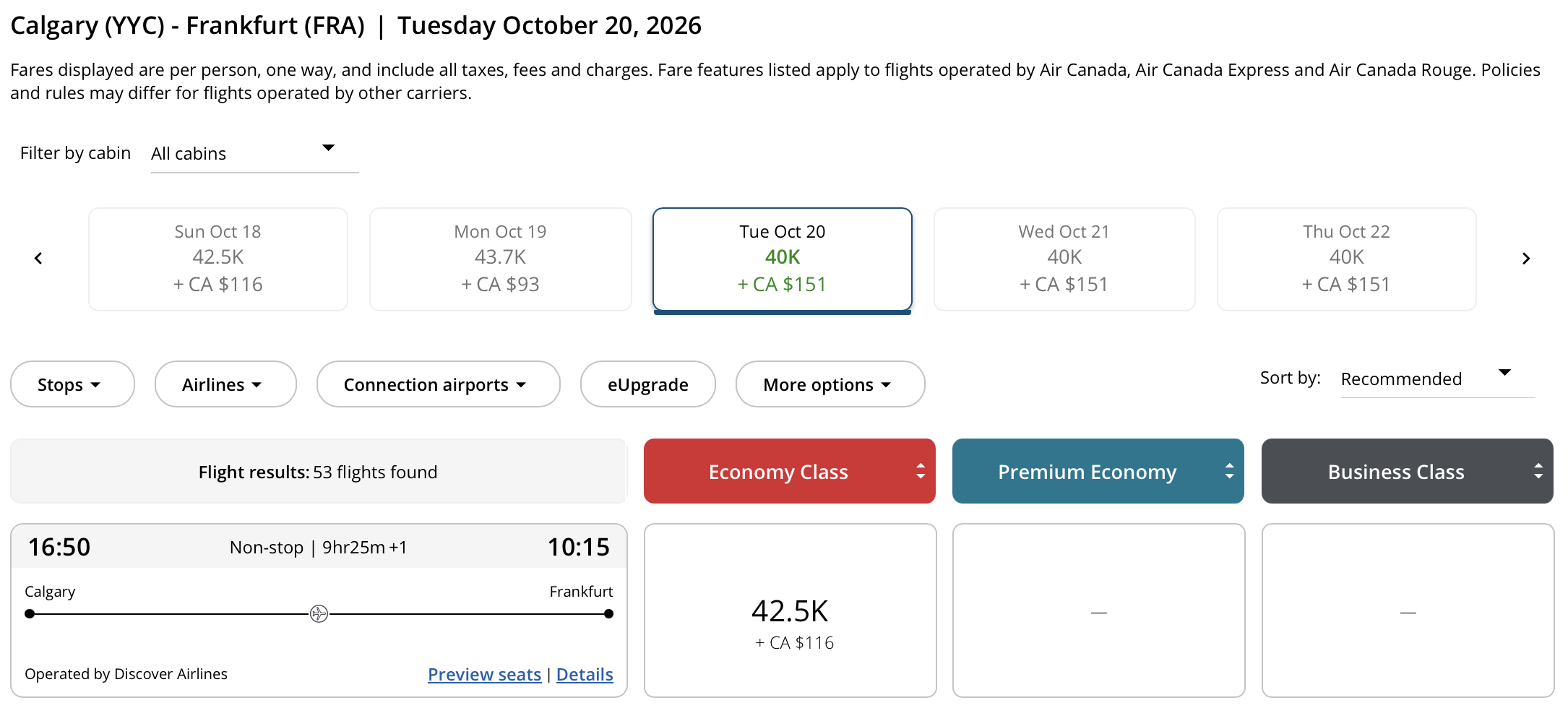 Calgary 🍁 to Frankfurt, Germany Aeroplan &ndash; Outbound availability