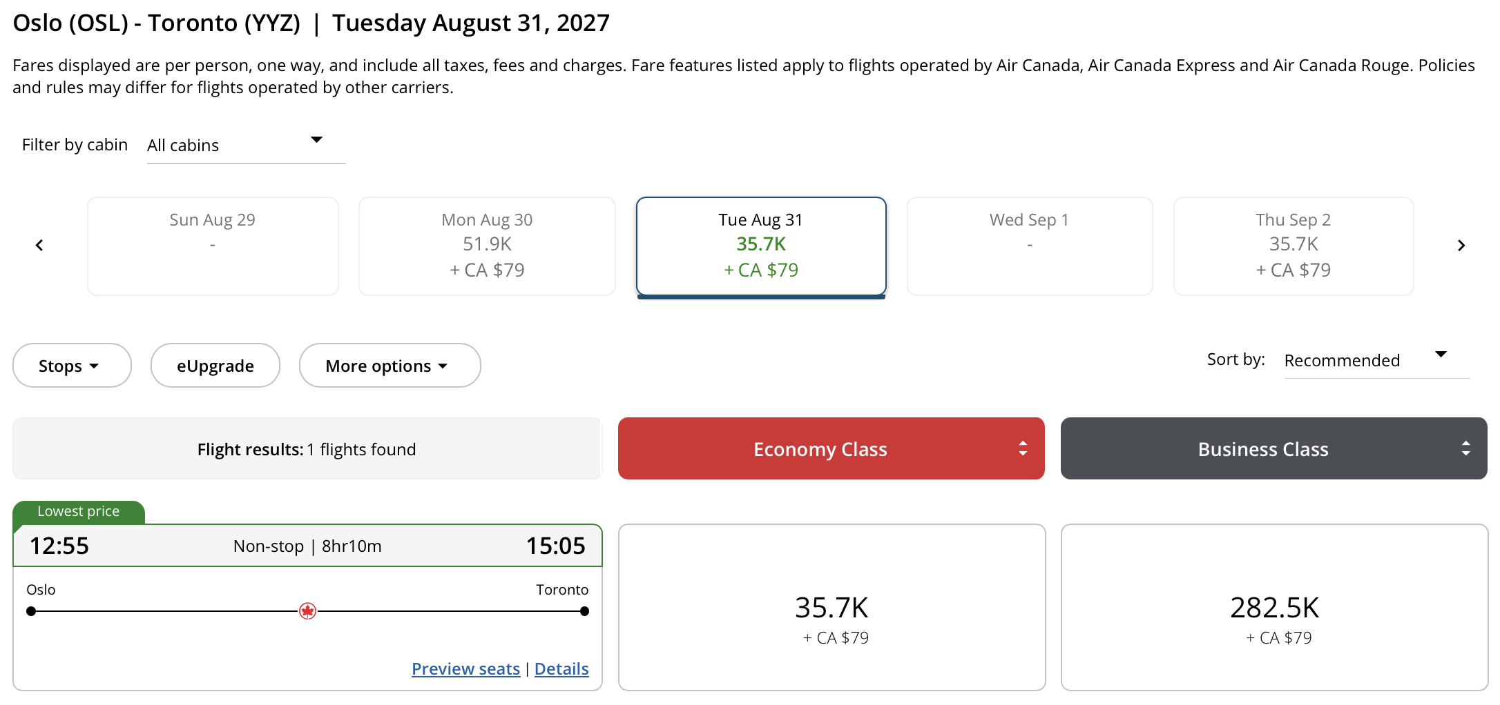 Toronto 🍁 to Oslo, Norway Aeroplan &ndash; Inbound availability
