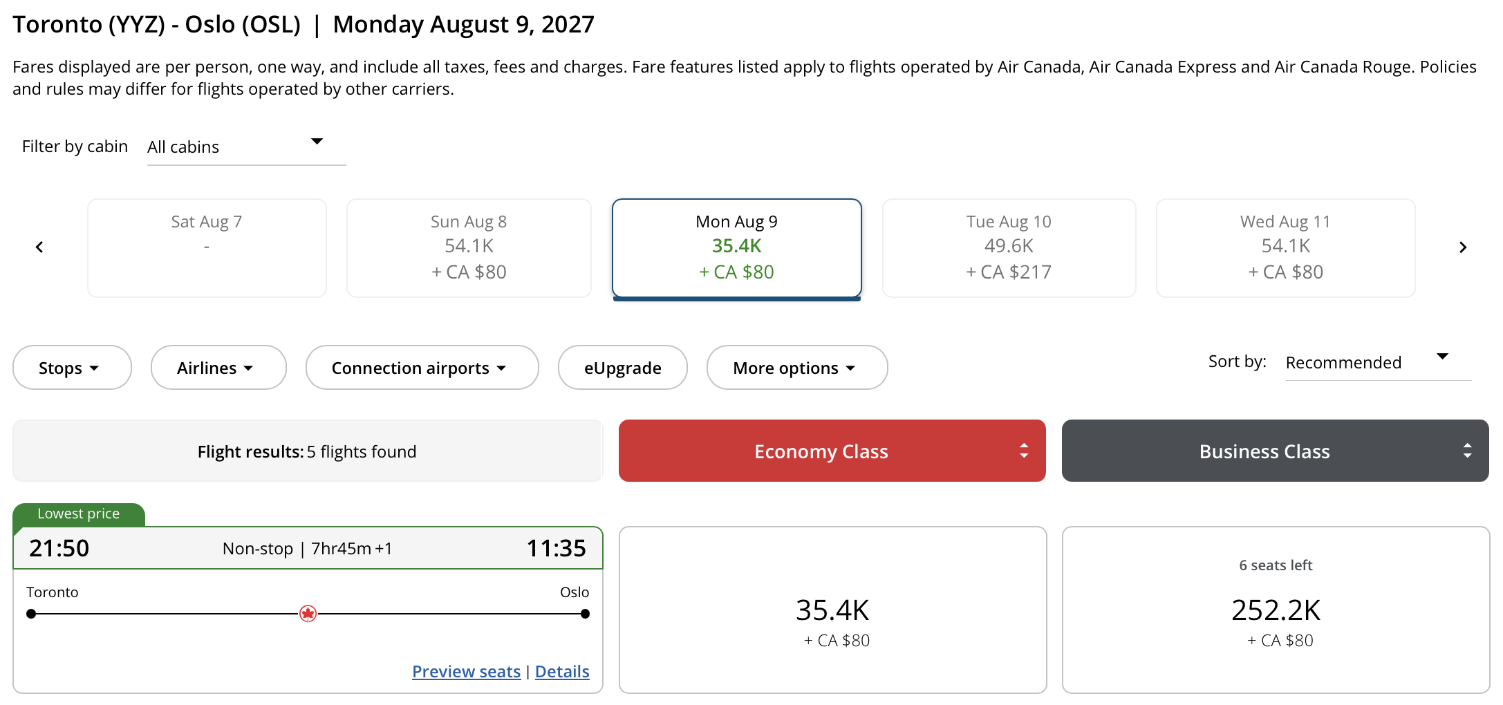 Toronto 🍁 to Oslo, Norway Aeroplan &ndash; Outbound availability