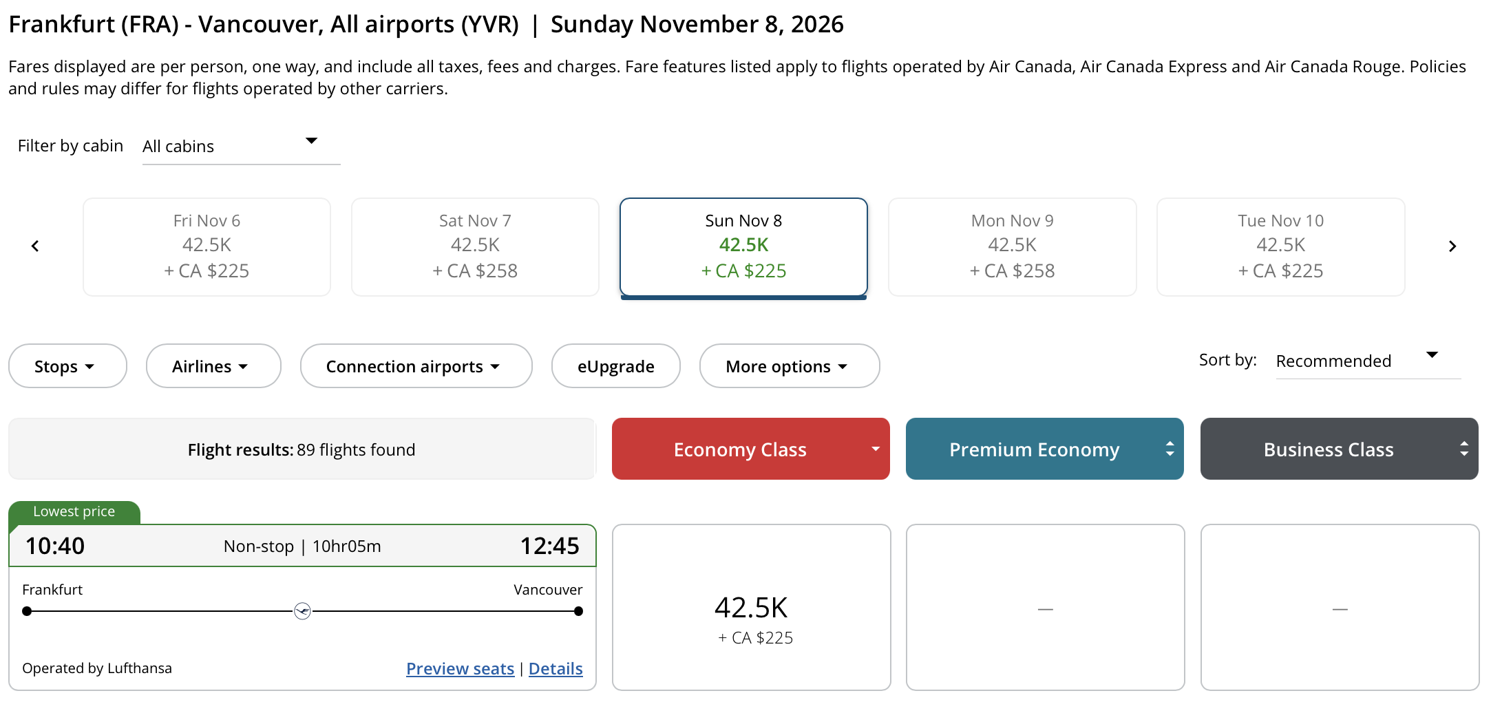 Vancouver 🍁 to Frankfurt, Germany Aeroplan &ndash; Inbound availability