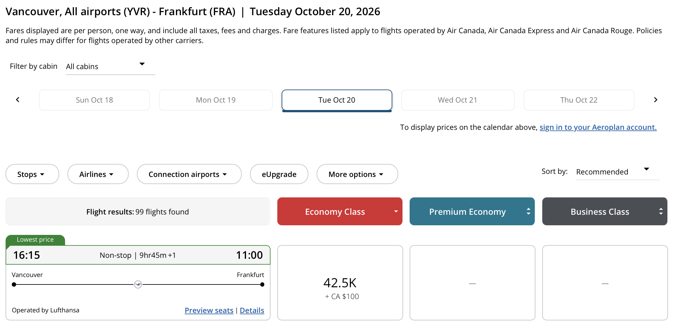 Vancouver 🍁 to Frankfurt, Germany Aeroplan &ndash; Outbound availability