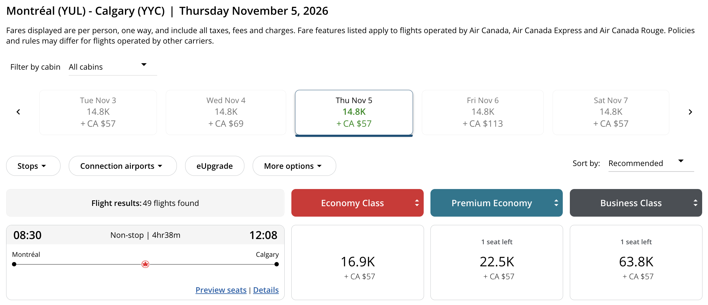 Calgary 🍁 to Montr&eacute;al, Qu&eacute;bec Aeroplan &ndash; Inbound availability