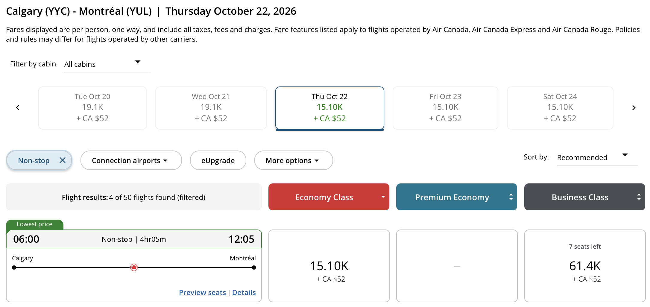 Calgary 🍁 to Montr&eacute;al, Qu&eacute;bec Aeroplan &ndash; Outbound availability