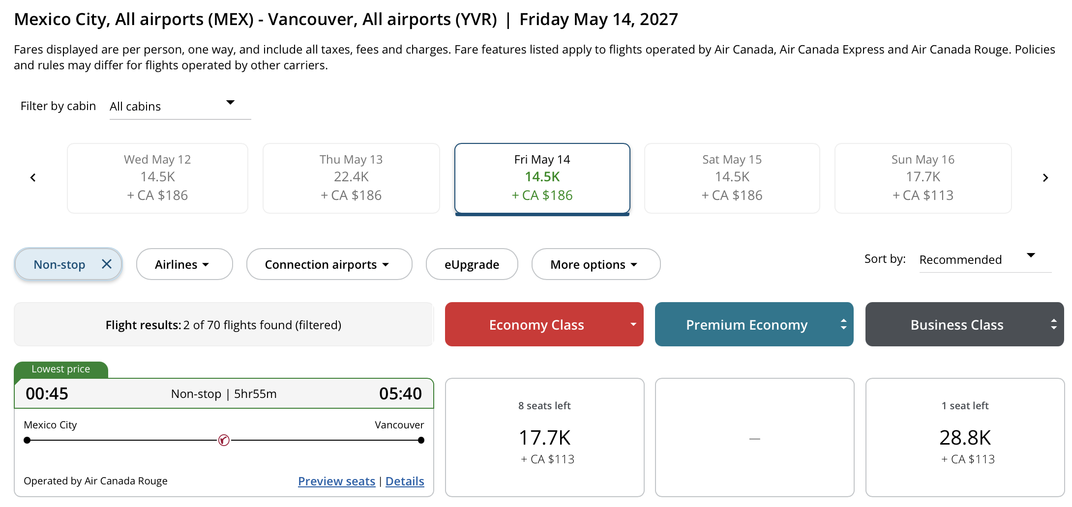 Vancouver 🍁 to Mexico City, Mexico Aeroplan &ndash; Inbound availability