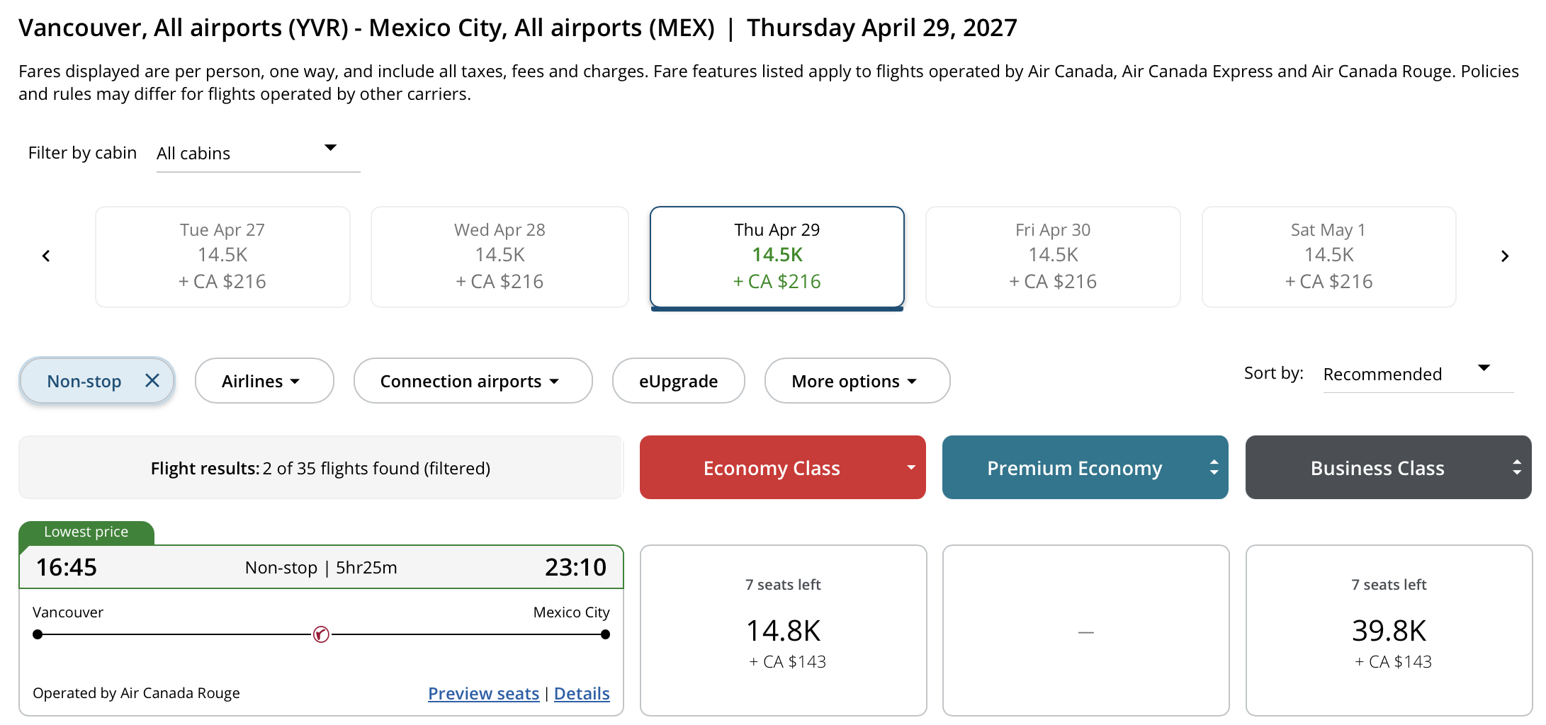 Vancouver 🍁 to Mexico City, Mexico Aeroplan &ndash; Outbound availability