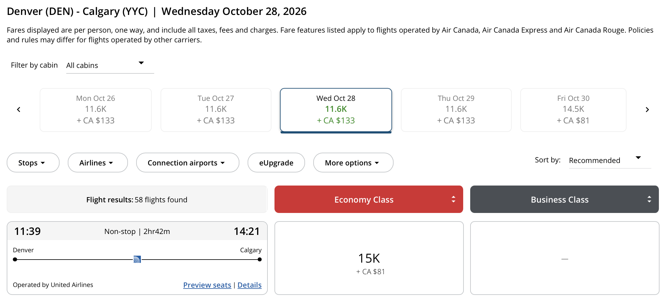 Calgary 🍁 to Denver, Colorado Aeroplan &ndash; Inbound availability