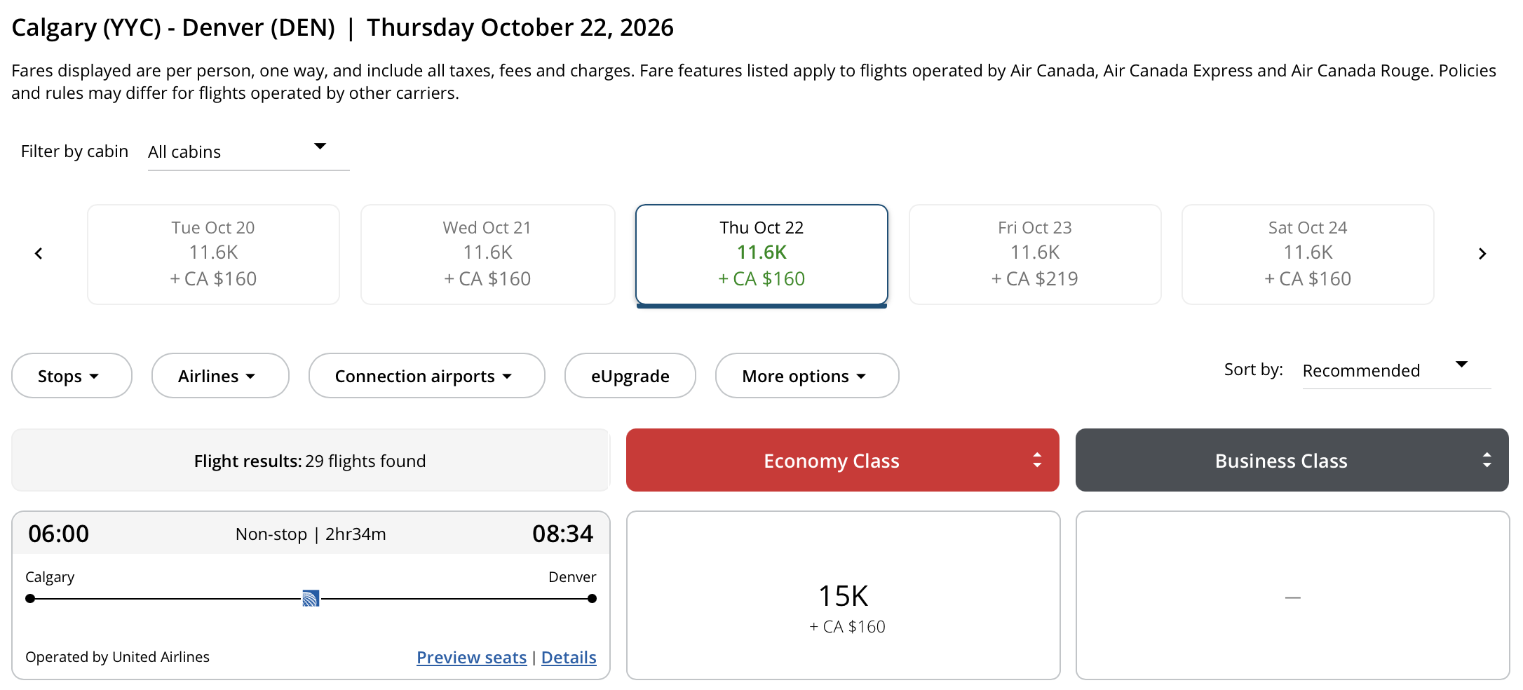 Calgary 🍁 to Denver, Colorado Aeroplan &ndash; Outbound availability