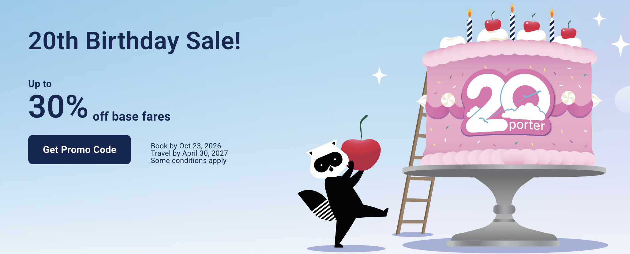 Porter Airlines 20th Birthday Sale, up to 30% off base fares with promo code HBD2PD