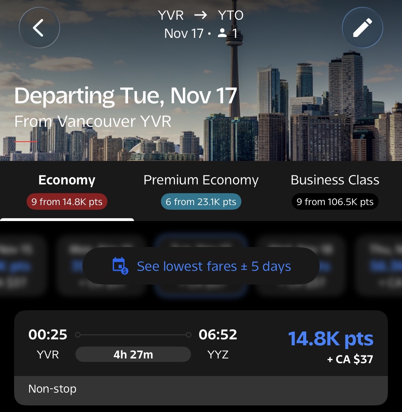 Toronto 🍁 to Vancouver, British Columbia Aeroplan &ndash; Inbound availability
