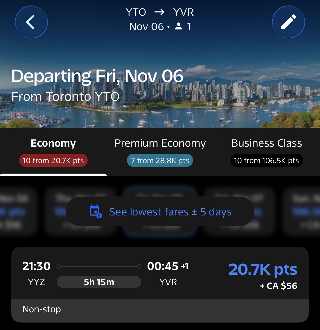 Toronto 🍁 to Vancouver, British Columbia Aeroplan &ndash; Outbound availability