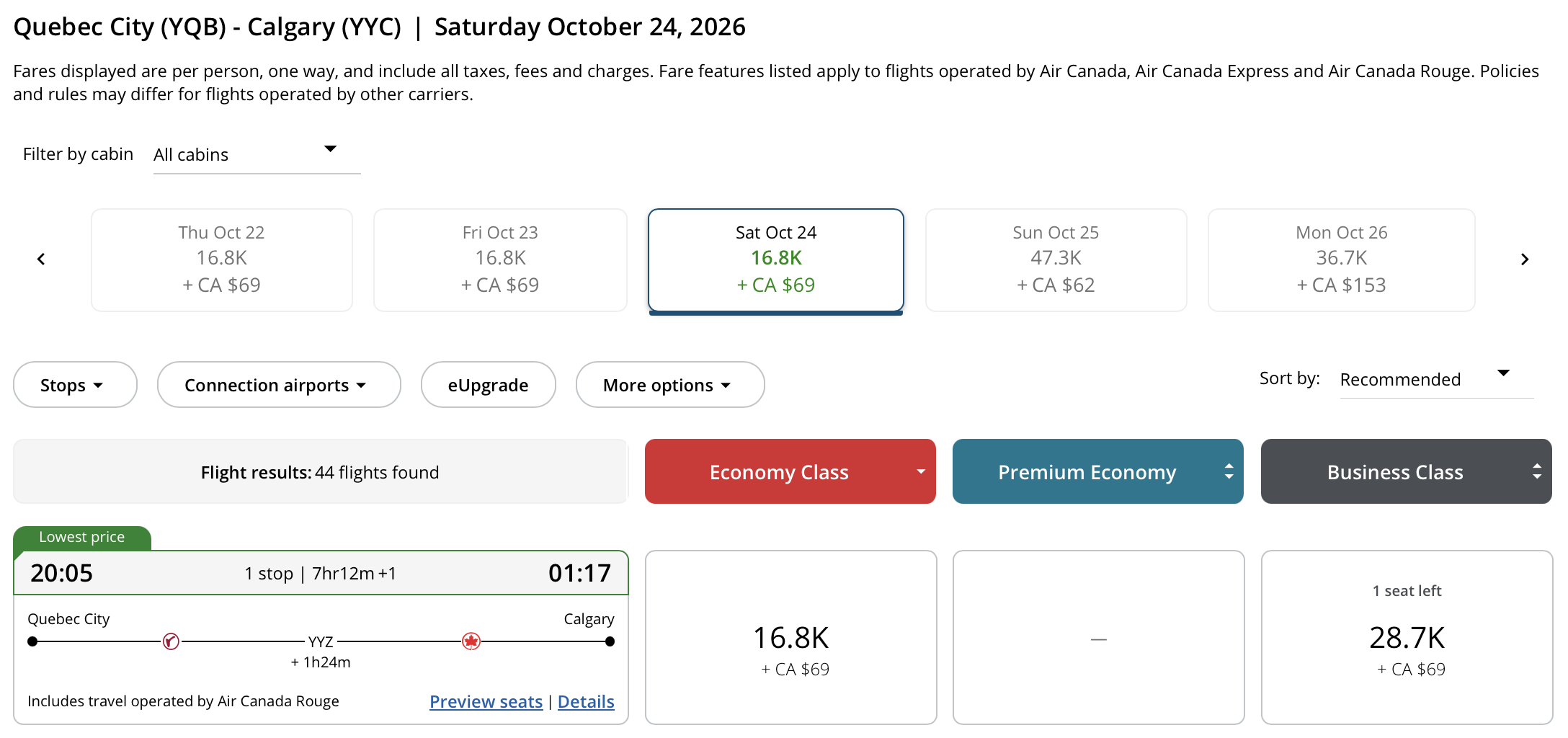 Calgary 🍁 to Qu&eacute;bec City, Qu&eacute;bec Aeroplan &ndash; Inbound availability