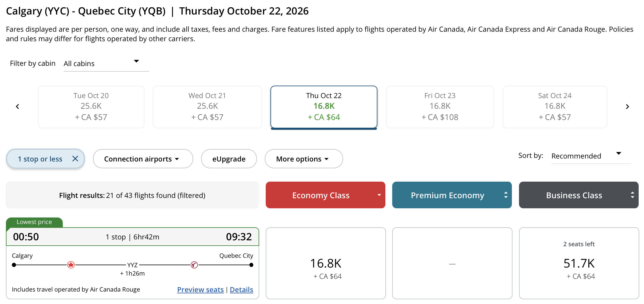 Calgary 🍁 to Qu&eacute;bec City, Qu&eacute;bec Aeroplan &ndash; Outbound availability